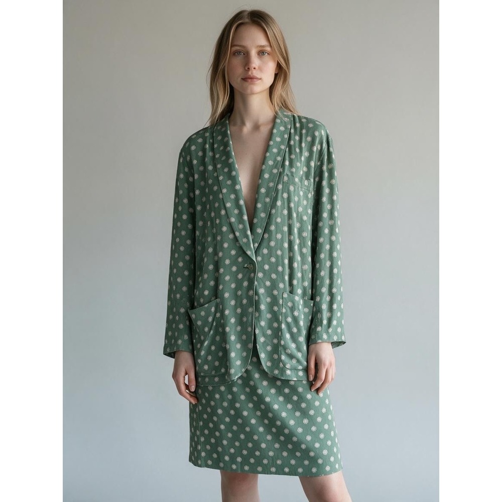 Lizsport Skirt Suit Set Women M Floral Rayon Sage Gree Blazer Midi Skirt 90s Vtg